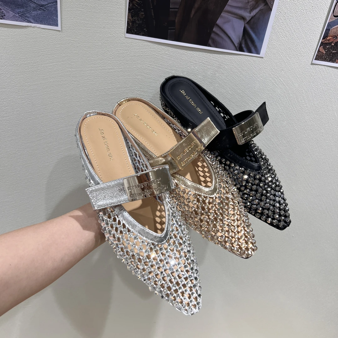 春季大爆款水钻包头钻扣韩版法式包头拖凉鞋气质低跟半托高跟春夏