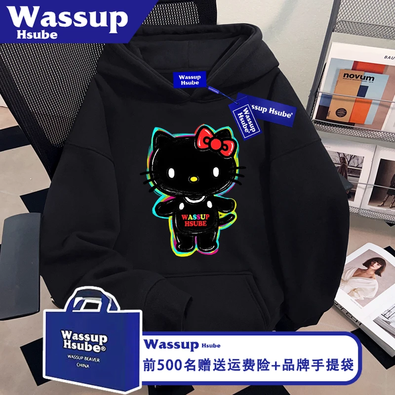 WASSUP HSUBE炫酷kt猫印花卫衣美式男女秋黑色慵懒风连帽套头上衣