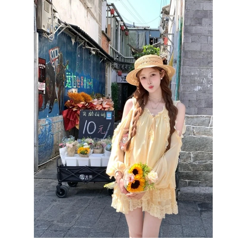 黄色荷叶边长袖防晒上衣a字半身裙套装女夏季度假风两件套