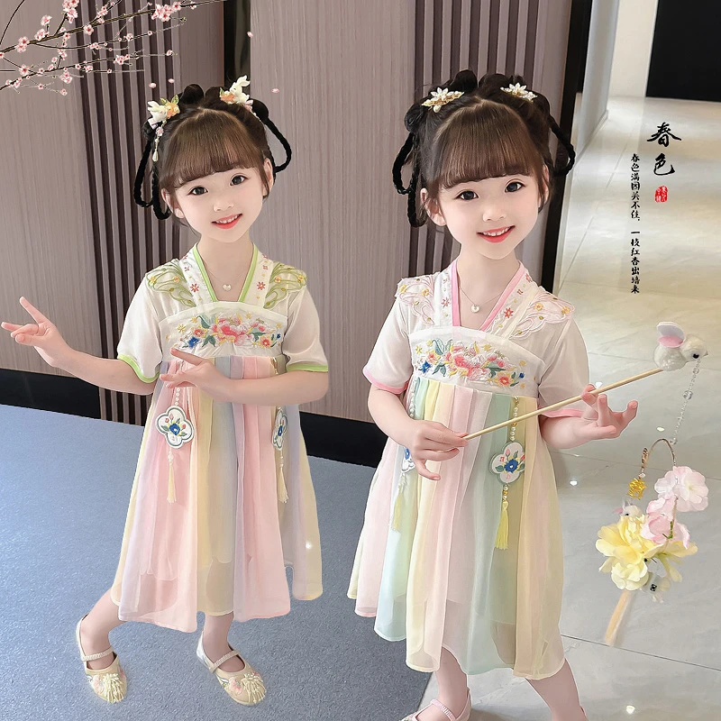 女童夏季中国风雪纺汉服连衣裙2025年款小女孩网红洋气时髦公主裙