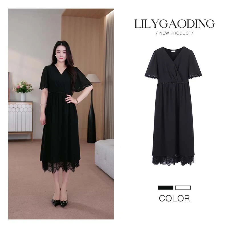 莉莉定制女装微胖轻奢显瘦遮肉气质百搭大气减龄中长连衣裙ZB7174