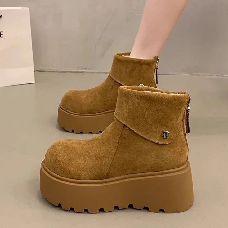 软毛马丁靴女增高新款短靴2024冬季皮厚底雪地靴勃肯棉靴加绒大头