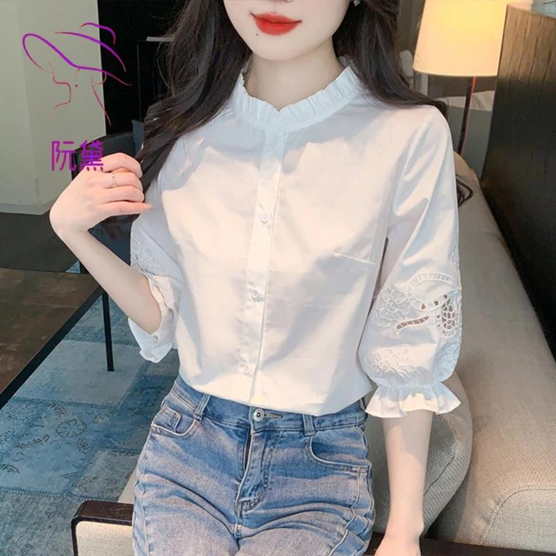阮黛立领泡泡袖女士衬衫春夏季2025刺绣七分袖薄款打底衫气质上衣