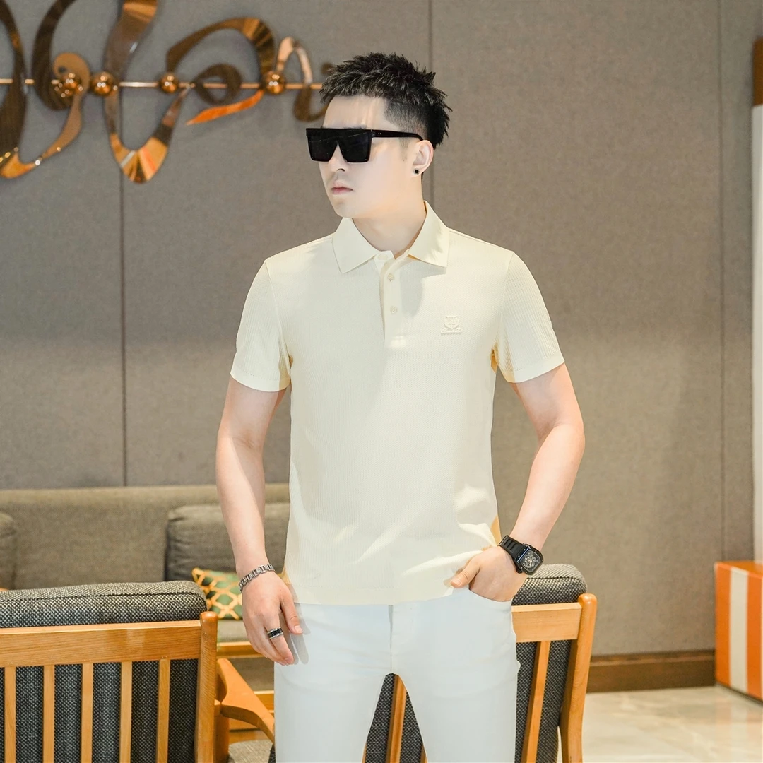 2025夏季薄款高端时尚浅色米色短袖POLO衫帅气潮流上衣潮男GL2579