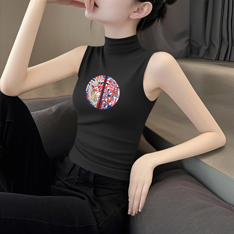 黑色国风印花半高领无袖打底衫女夏季新款莫代尔冰丝外穿背心上衣