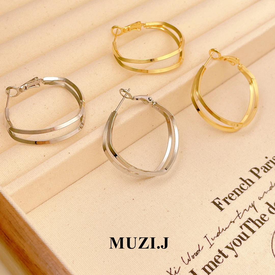 铜合金耳饰  【双层菱形耳圈】金属风轻奢百搭设计师简约耳饰-6010