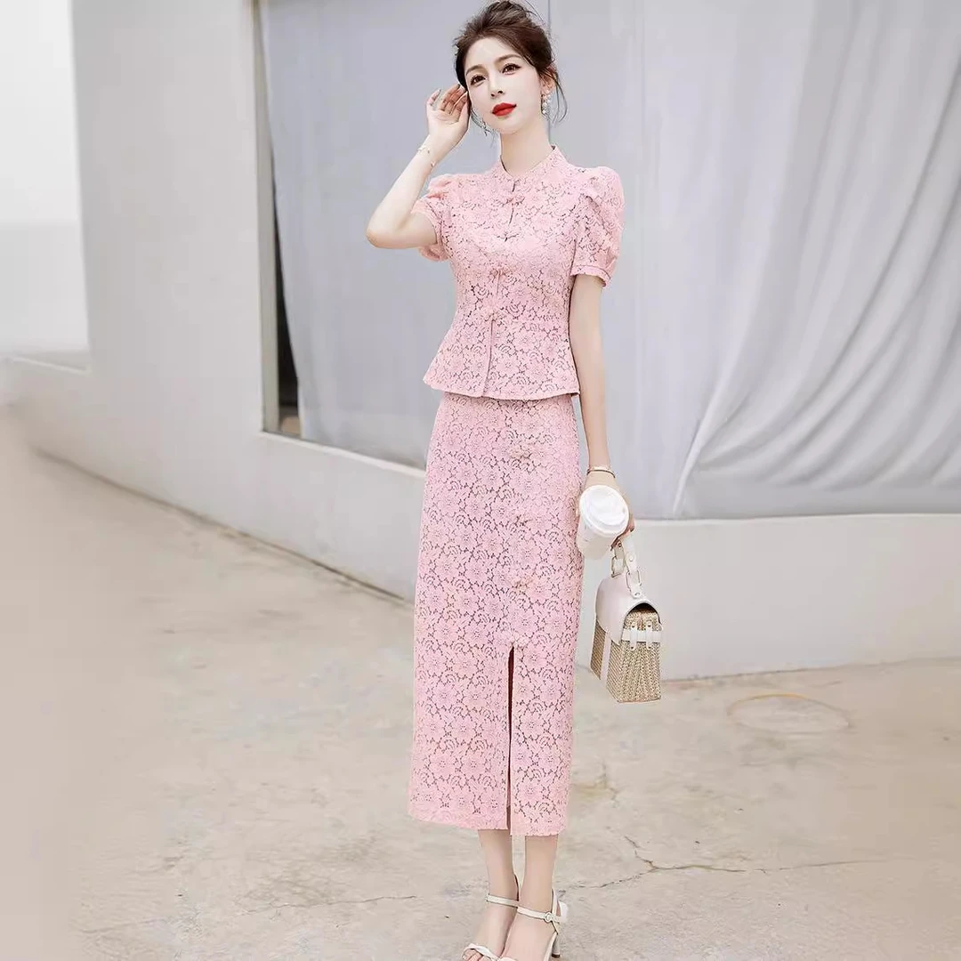 改良旗袍连衣裙女2025夏新款蕾丝开叉包臀裙套装网红洋气炸街女装