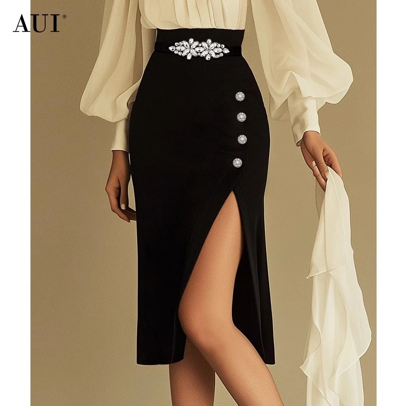 【小铃铛】AUI黑色高级气质半身裙职业开叉包臀裙-24W144951