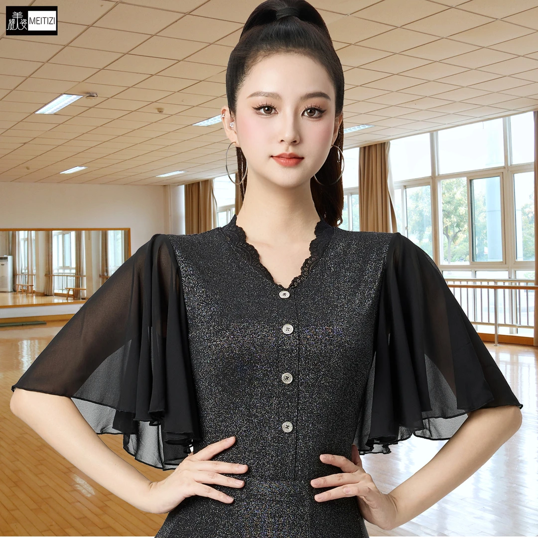 新款摩登舞服装女成人高级感荷叶短袖舞蹈服拉丁舞交谊舞广场舞服