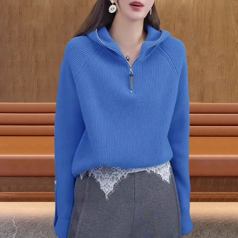 高端蓝色连帽毛衣外套女士秋冬保暖2025新款休闲时尚套头针织衫