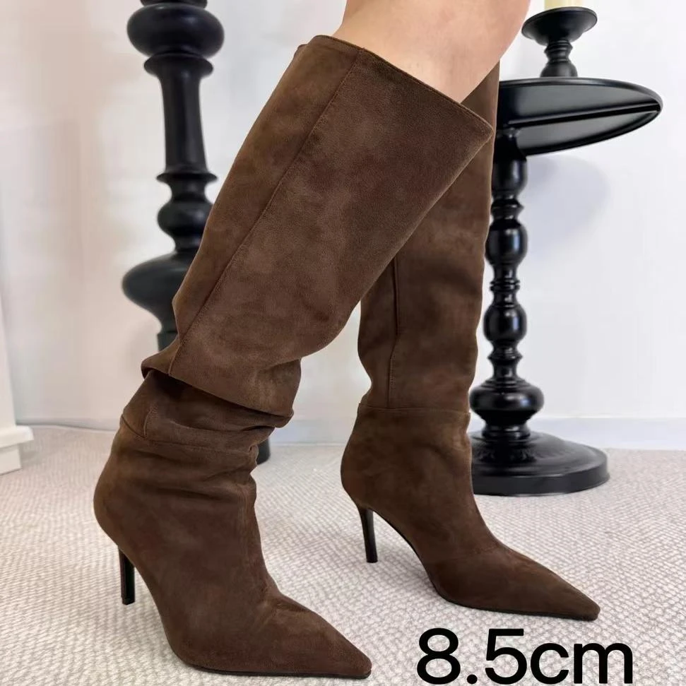 8.5公分磨砂显瘦手工长靴堆堆靴欧美轻奢辣妹时尚百搭长筒细跟靴