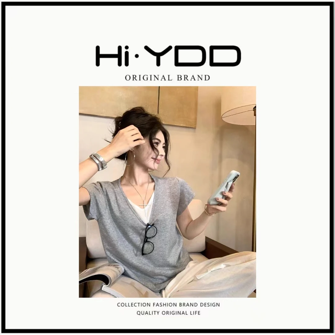 由子衣舍/Youzi Atelier拼接假两件v领短袖T恤女宽松设计百搭上衣