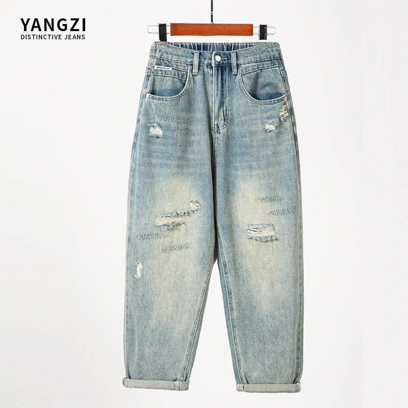 夏季老爹裤破洞高腰显瘦8023百搭软牛仔裤女宽松大码高街复古哈伦