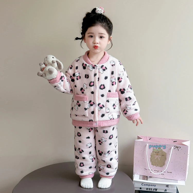 女童睡衣套装秋冬2025新款儿童法兰绒保暖家居服宝宝珊瑚绒两件套