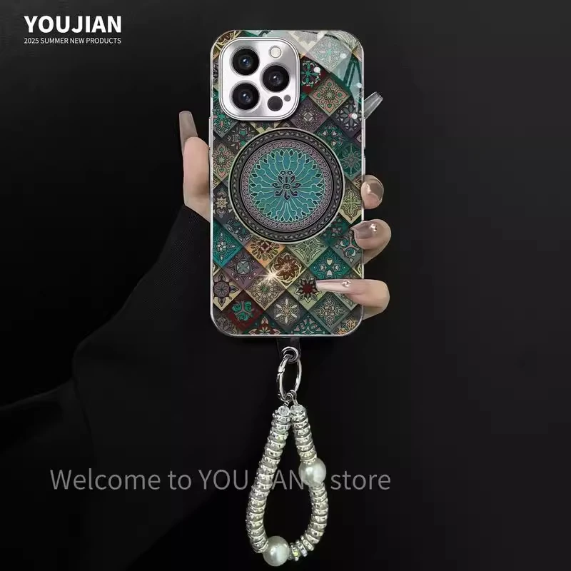 五彩蓝莲花适用iPhone16苹果13电镀玻璃手机壳17promax全包15创意