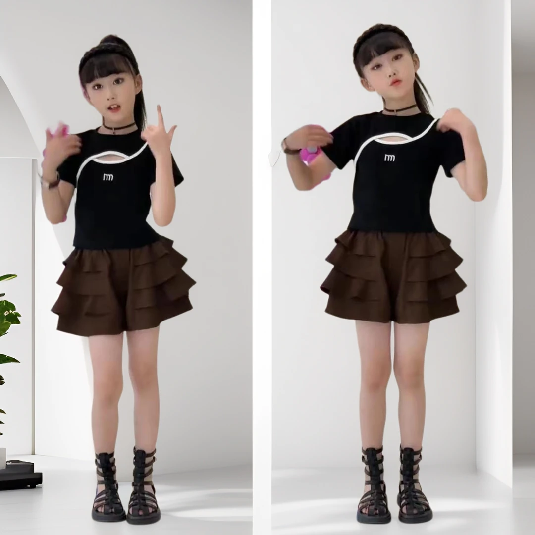 女童夏装设计感短袖短裤套装2025新款儿童韩系炸韩系波点亲子套装