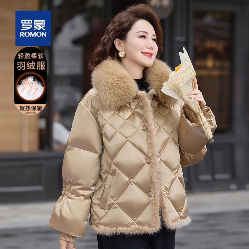 罗蒙妈妈冬装羽绒服洋气高贵狐狸毛领保暖中老年女装秋冬短款外套