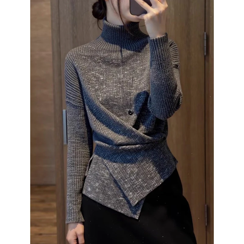 2026冬季新款高领钮扣收腰毛针织衫女修身显瘦设计感开叉短款上衣