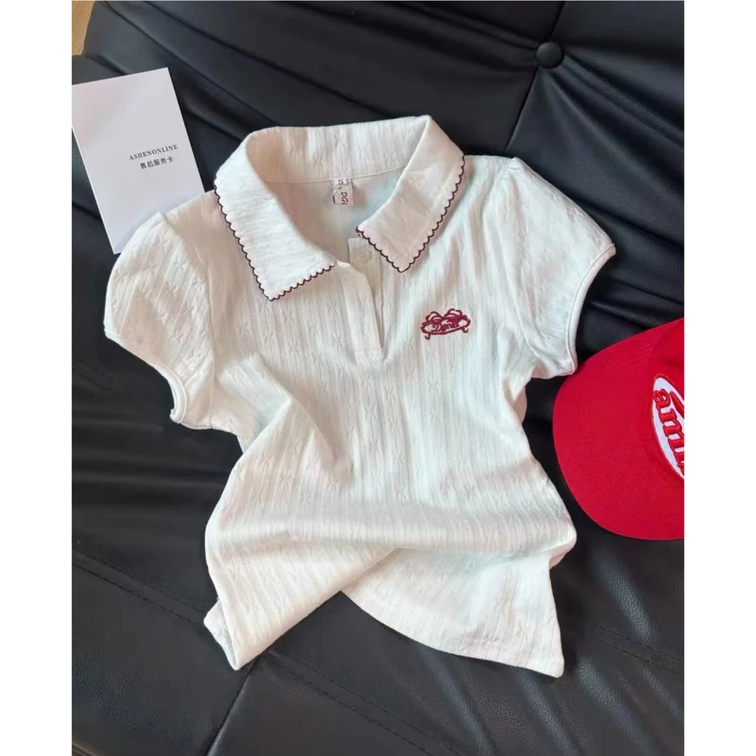 今年流行穿搭2025夏季新款温柔风花边立领显瘦针织减龄款短袖上衣