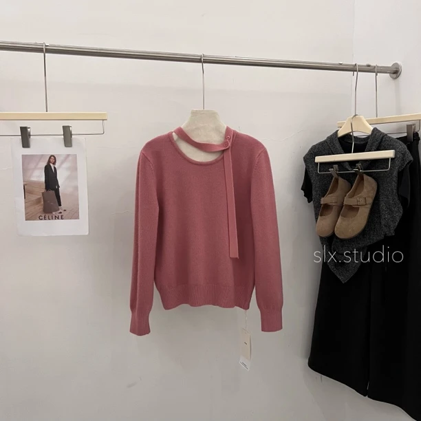 slx@ 5569 飘带纽扣毛衣