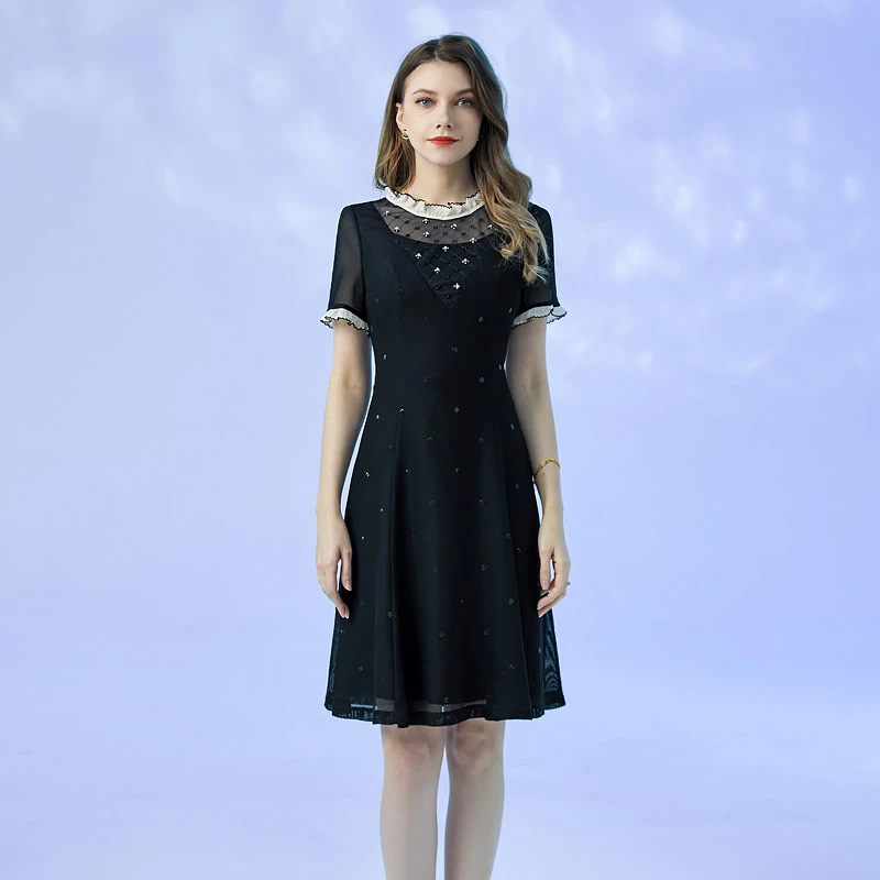 春夏新款黑色网纱简约休闲连衣裙 赫D 1132P