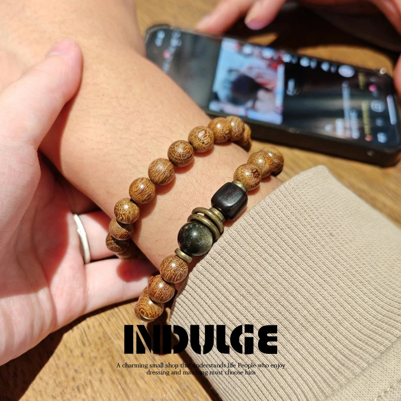 国潮金丝檀木新中式双圈单圈手串爆款轻奢小众高级百搭手链男女款