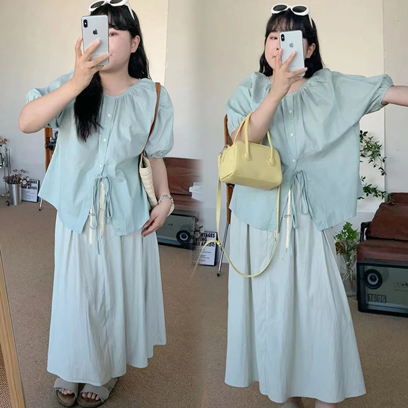 大码女装韩系泡泡袖衬衫女夏季宽松系带上衣纯色高腰半身裙套装女