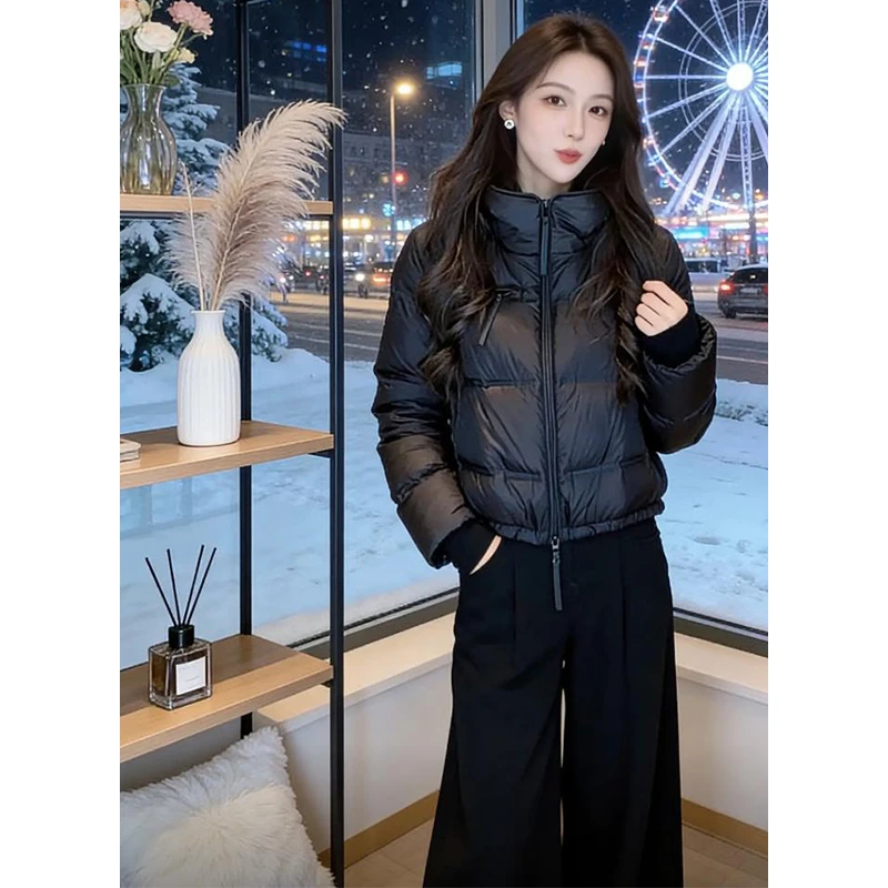 韩系松弛风短款亮面棉服2025冬季新款连帽设计蓬松随性利落