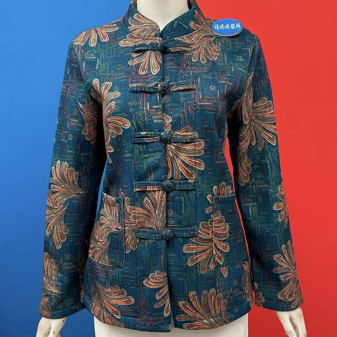 3358  新款宽松型中老年女装复古大凤尾提花盘扣加绒开衫