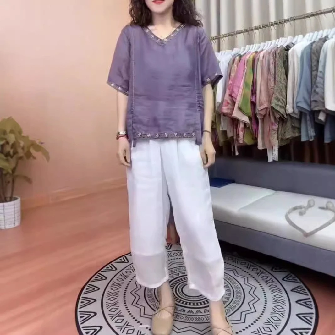 2025年夏季网红新款时尚气质百搭简约民族风V领上衣衫裤子套装女