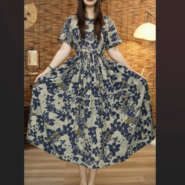 夏季新款高档长款印花宽松收腰显瘦大摆裙连衣裙长裙111