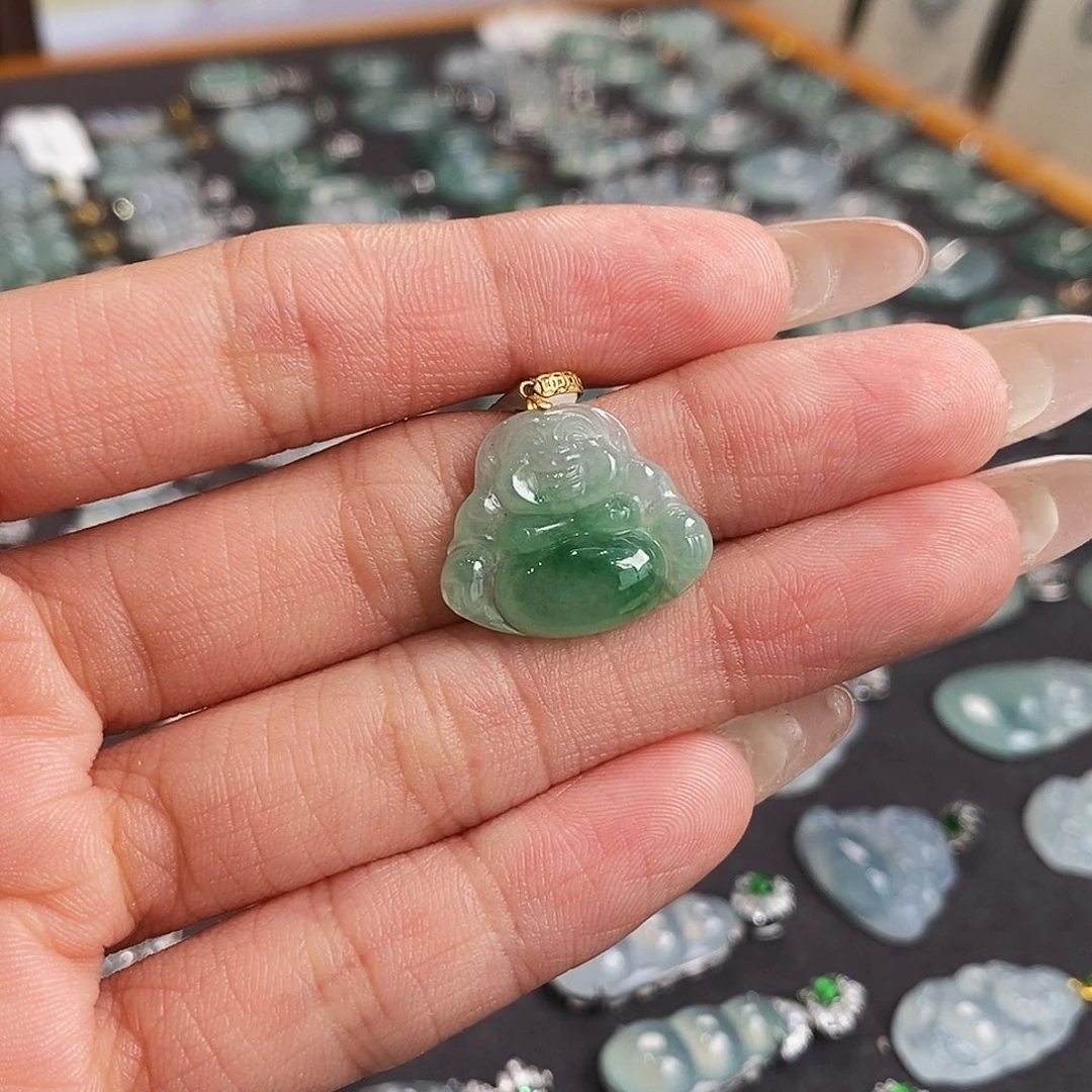 翡翠18K金镶嵌颈饰天然缅甸A货翡翠佛公