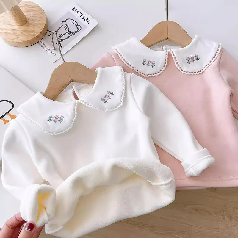 加厚加绒秋冬装洋气一体绒女宝宝韩系蕾丝花边高领外穿可爱上衣