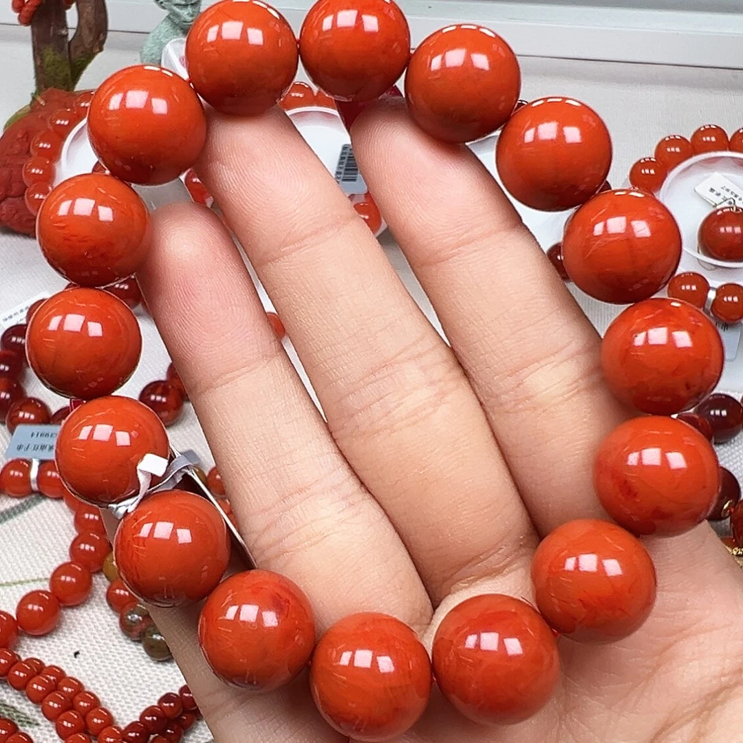 南红玛瑙未镶嵌手串精品 瓦西满肉虎皮纹柿子锦卡13mm+