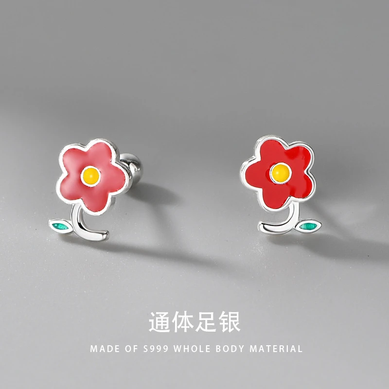 足银耳饰 S999银田园风小红花女式森糸耳钉夏季清新耳骨钉少女心