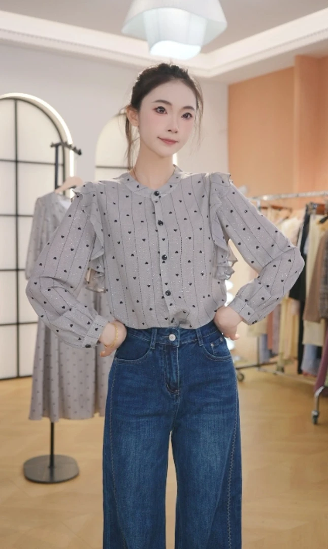 【运费补贴】F3008法式印花长袖衬衫女秋季别致减龄显瘦气质上衣