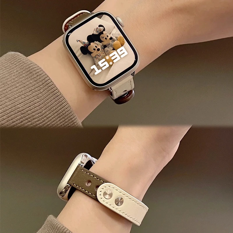 适用iwatchS10表带S9苹果S8手表SE细款高级7双钉磁吸真皮女款秋冬