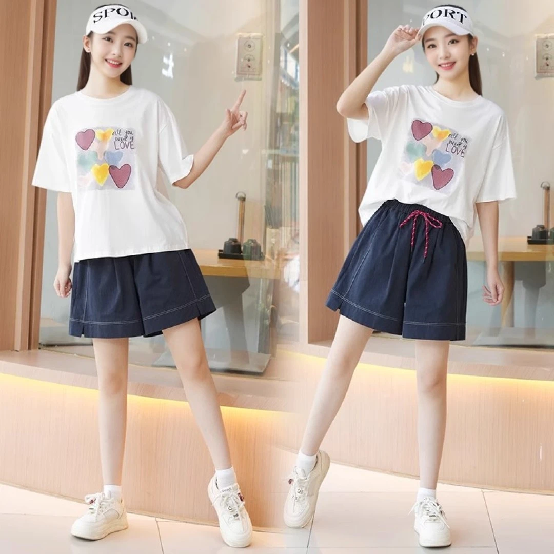 女童夏装套装新款夏季女孩大童时尚洋气韩版休闲宽松T恤阔腿短裤