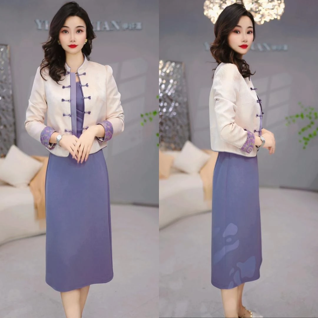 外套 连衣裙 2025秋季时尚中式复古温柔气质紫色洋气套装裙M-4XL