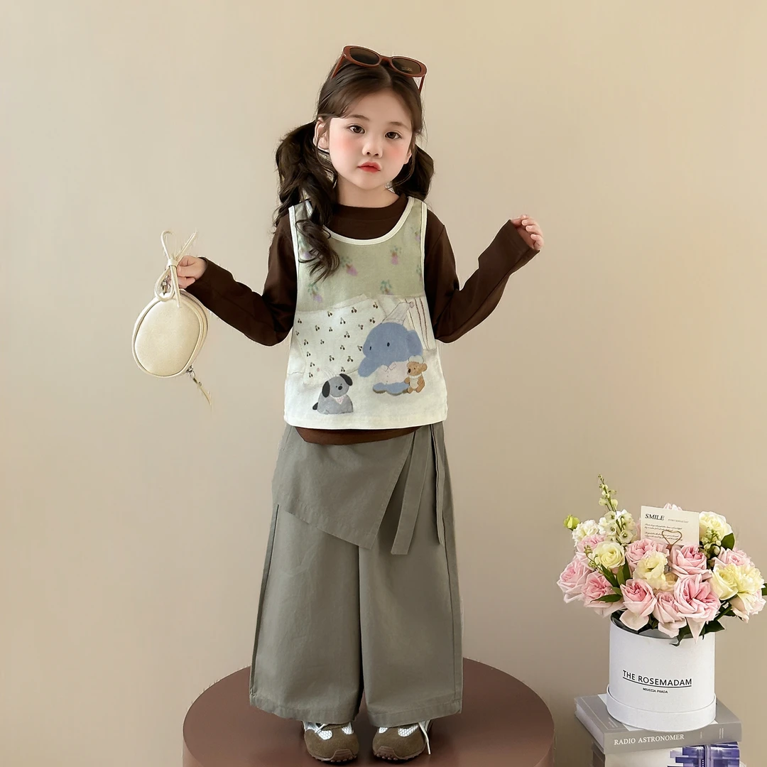 女童套装2025秋季新款儿童韩版卡通背心打底衫洋气时髦屁帘阔腿裤