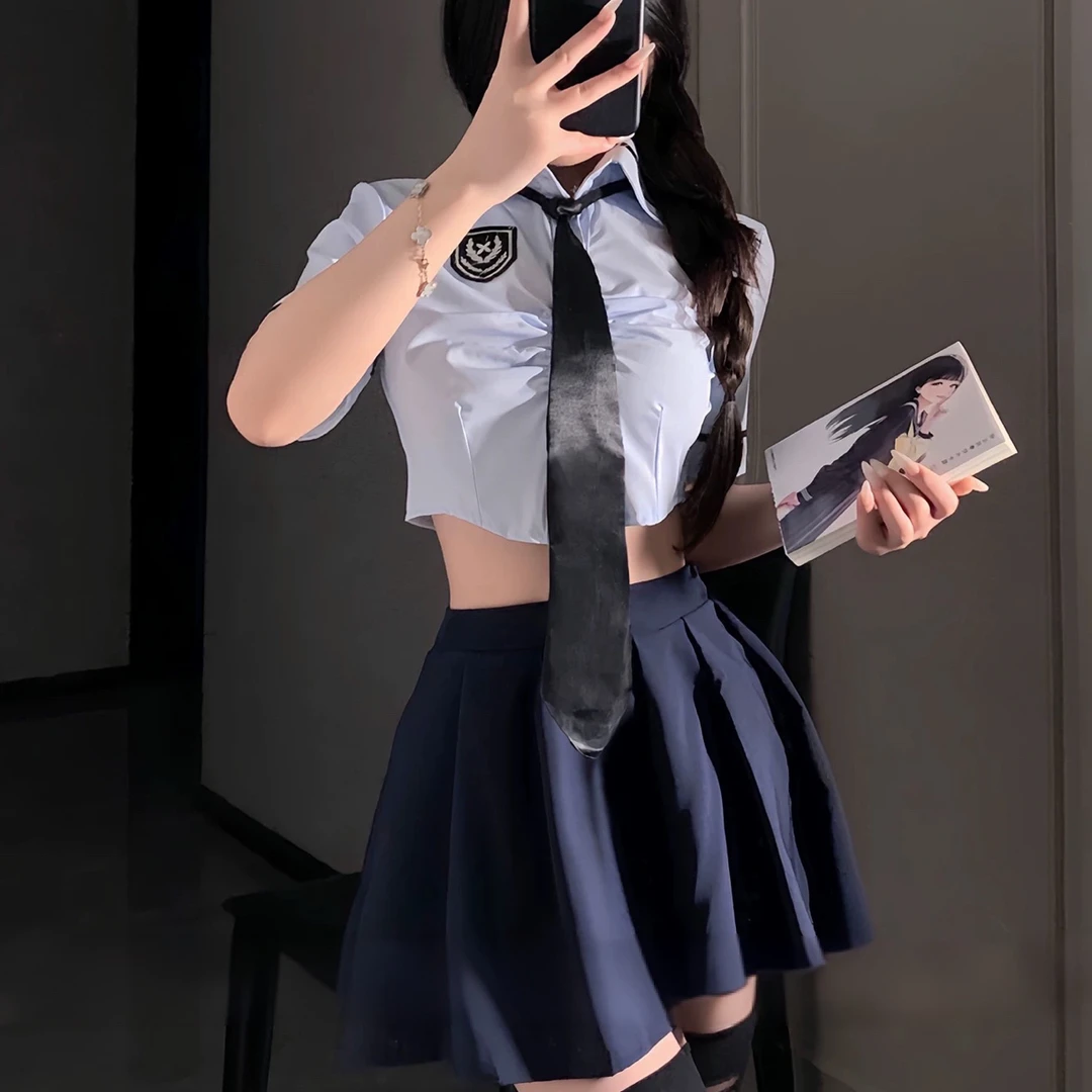 暗夜蜜语【元气学姐】短衫露腰紧身甜辣百褶套装性感纯欲显瘦睡衣