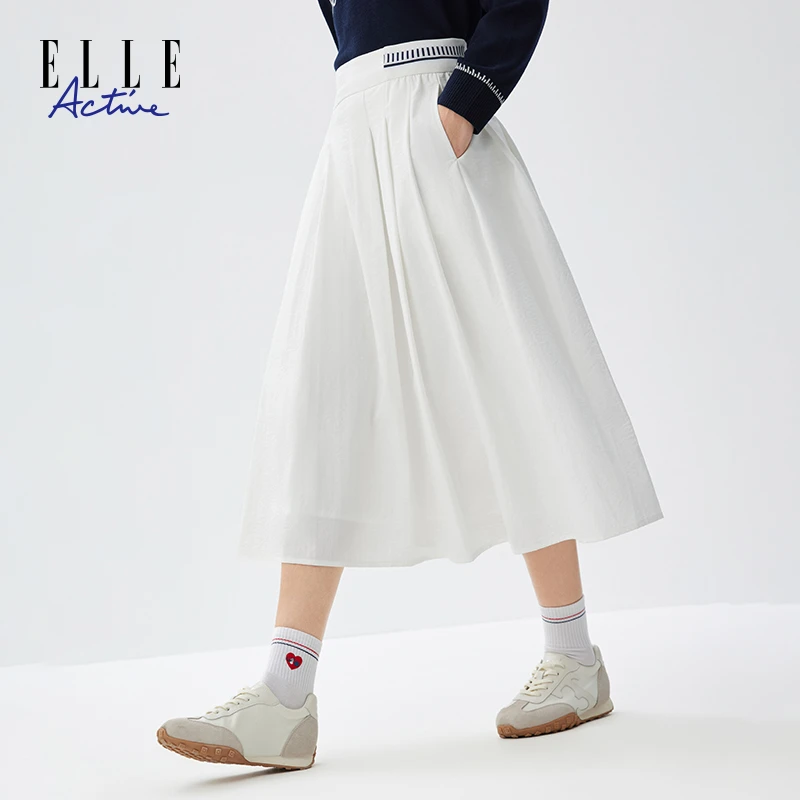 ELLE Active法式优雅半身裙显瘦百搭休闲白色A摆伞裙女士高腰裙子