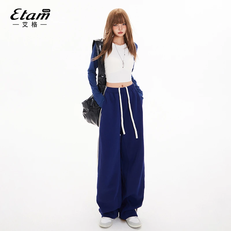 艾格美式高腰阔腿裤女2025春季新款抽绳松紧腰三杠条纹直筒休闲裤