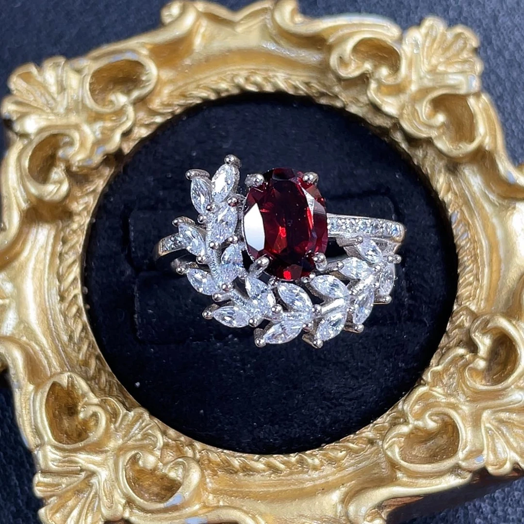 石榴石戒指银S925镀金镶嵌