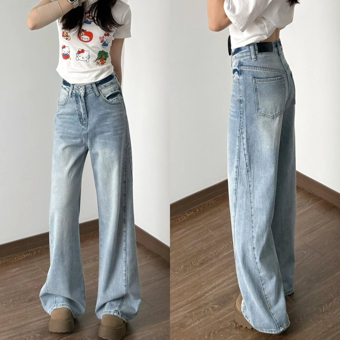 弯刀裤小个子浅蓝弯刀裤阔腿牛仔裤2025春季新款休闲宽松长裤