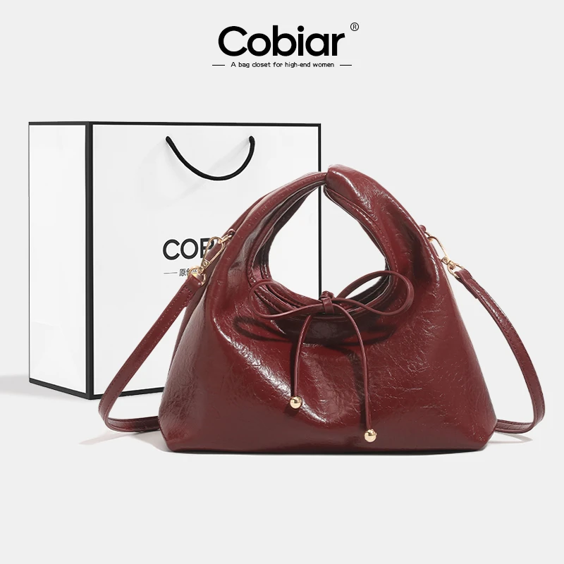 Cobiar高级感油蜡皮红色新娘包2025新款真皮手拎包百搭单肩斜挎包