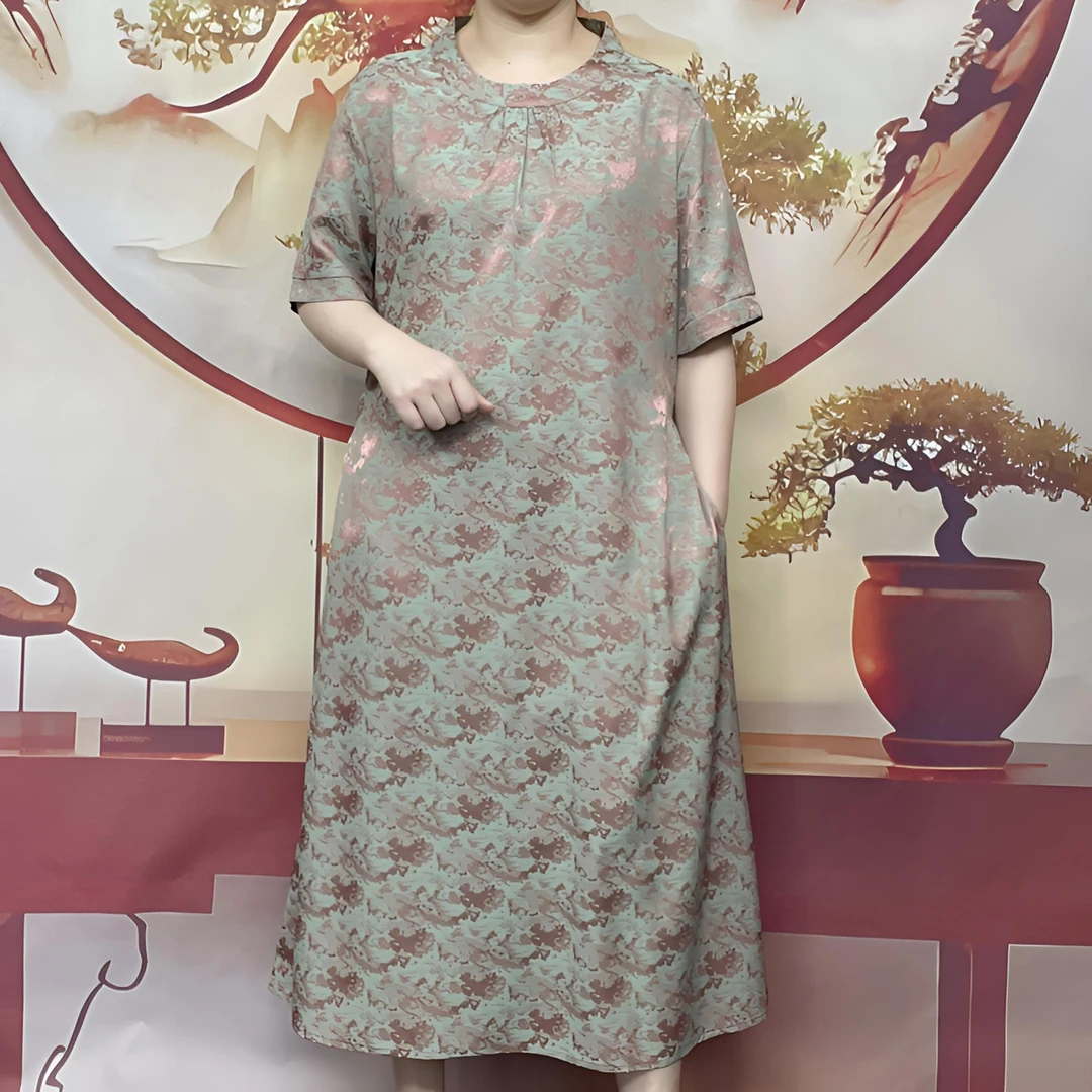 H07薄款中老年女装复古重磅国风提花双层圆领长裙气质宽松妈妈群