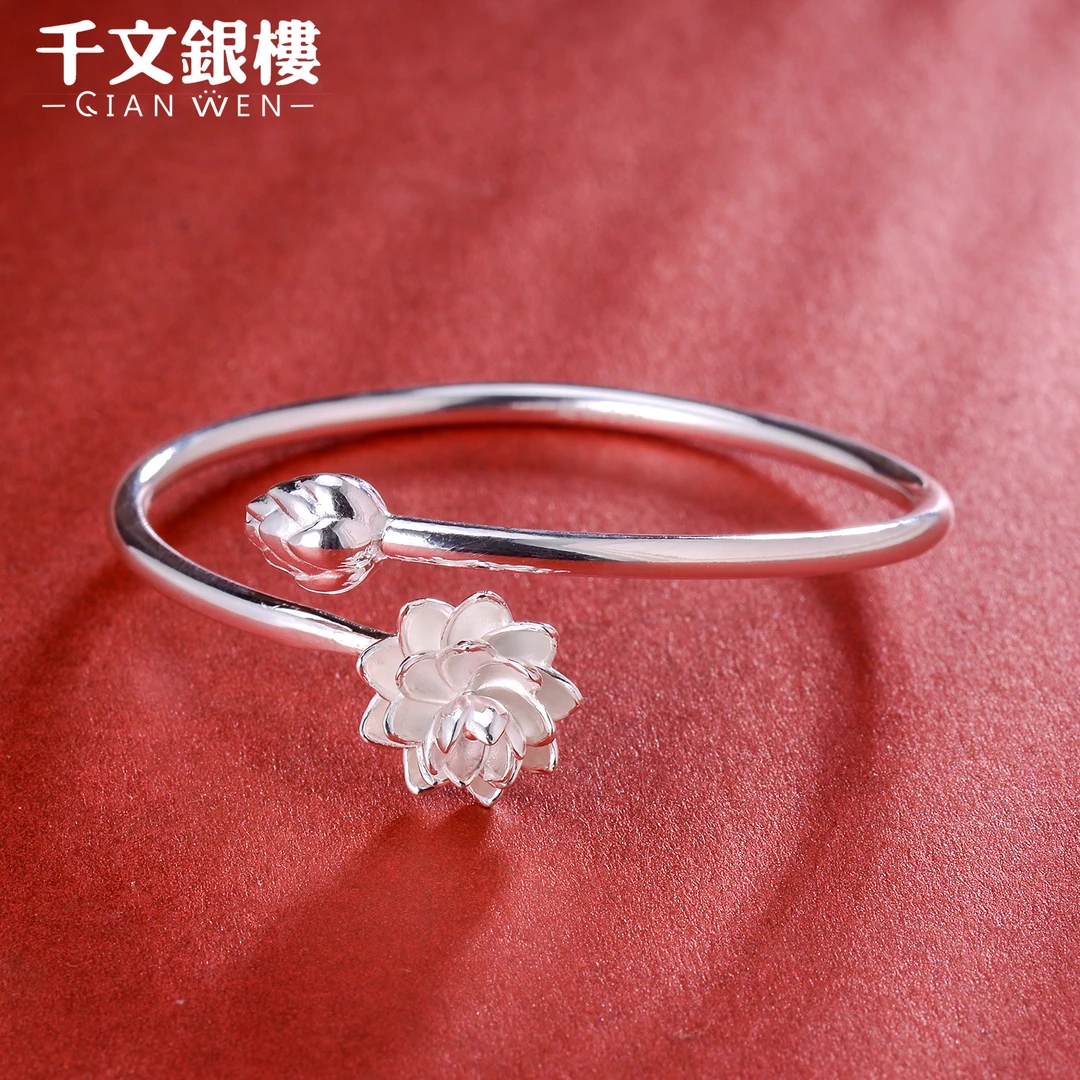 足银手镯 莲花个性光面民族风传承百搭叠戴银手镯