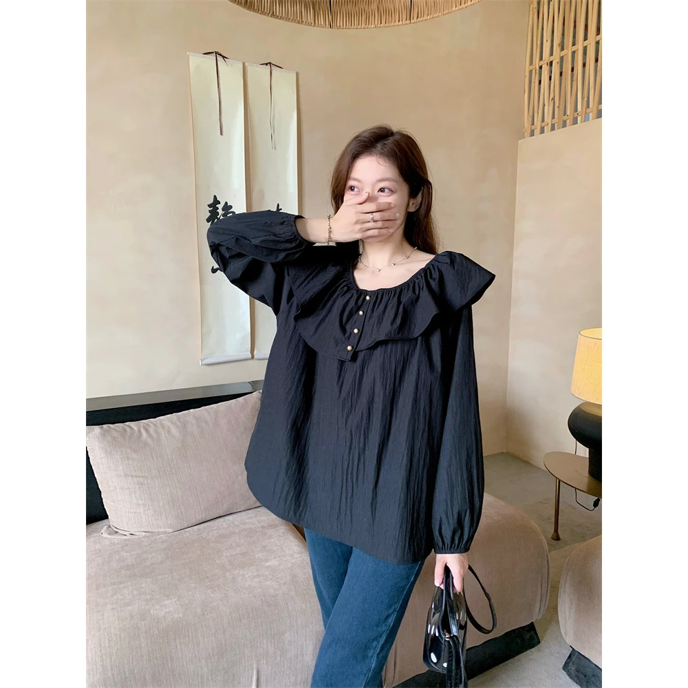 大码春季新款法式荷叶边圆领衬衫女减龄显瘦一字肩小衫上衣