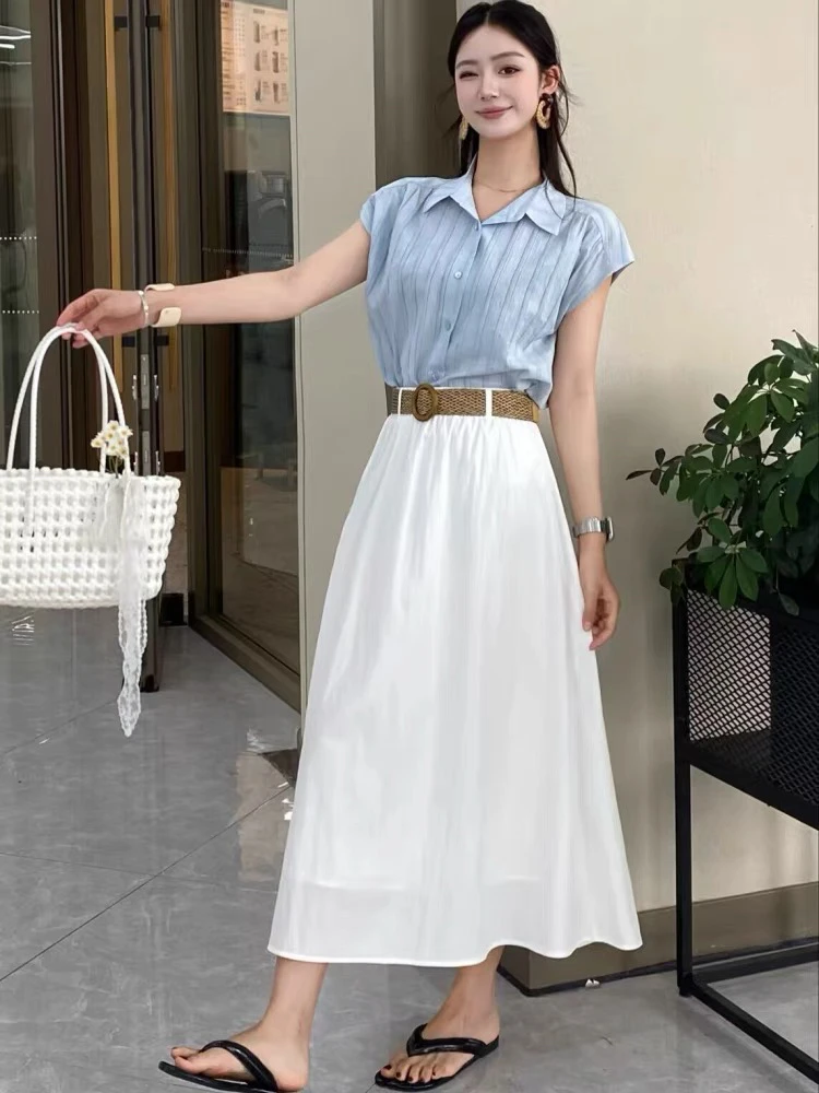夏季新款时尚流行套装气质条纹衬衣+半身裙两件套8855